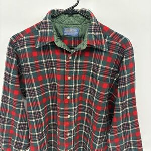 Vintage Pendleton Tartan Plaid Wool Flannel Shirt Loop Collar USA Retro Men L
